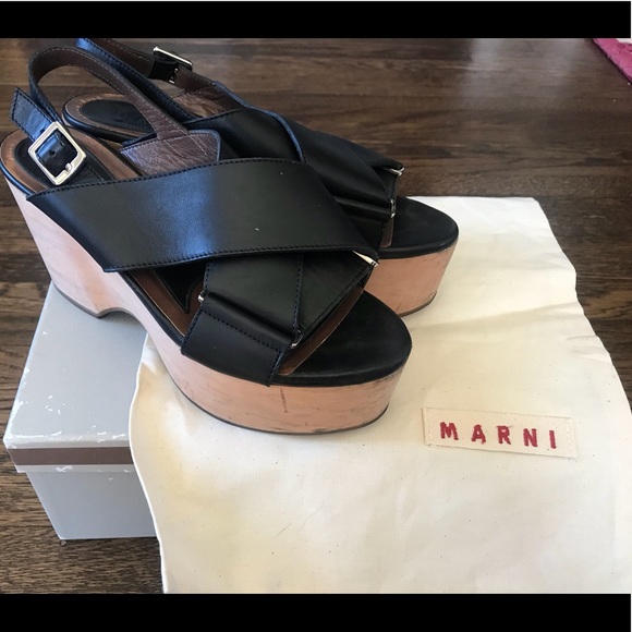 Marni Shoes - MARNI Black Leather Platform with Wooden Wedge